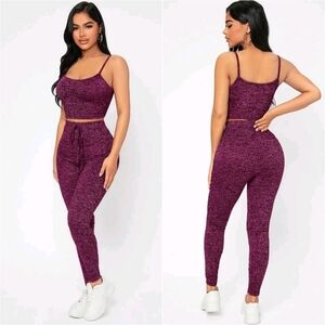 NWOT Burgundy Marled Cami Crop Top & Leggings Casual Athleisure Outfit Set